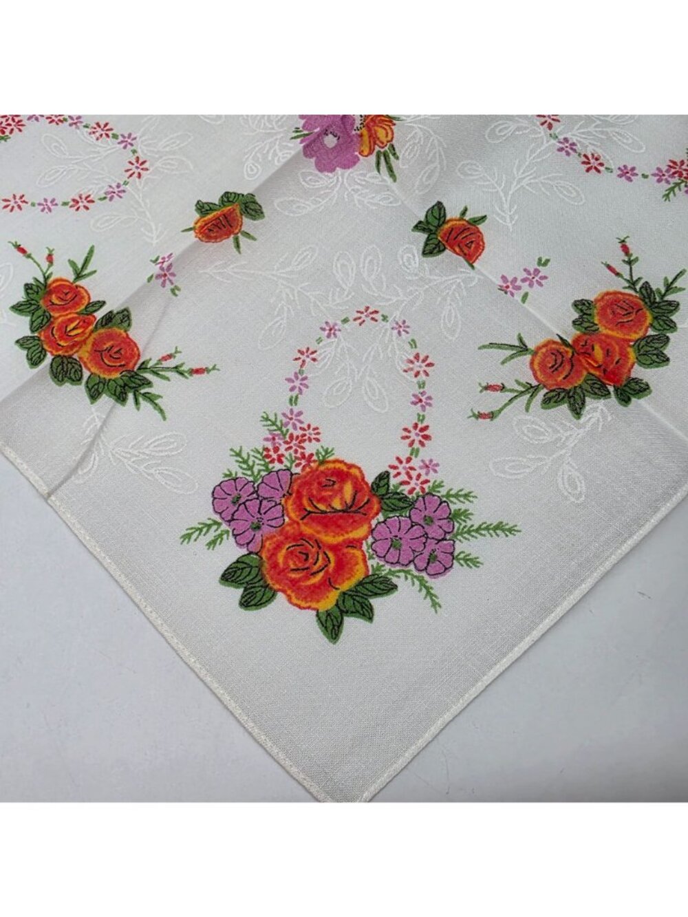 Vintage White Handkerchief With Orange Roses & Purple Floral Embroidery - Picture 4 of 5